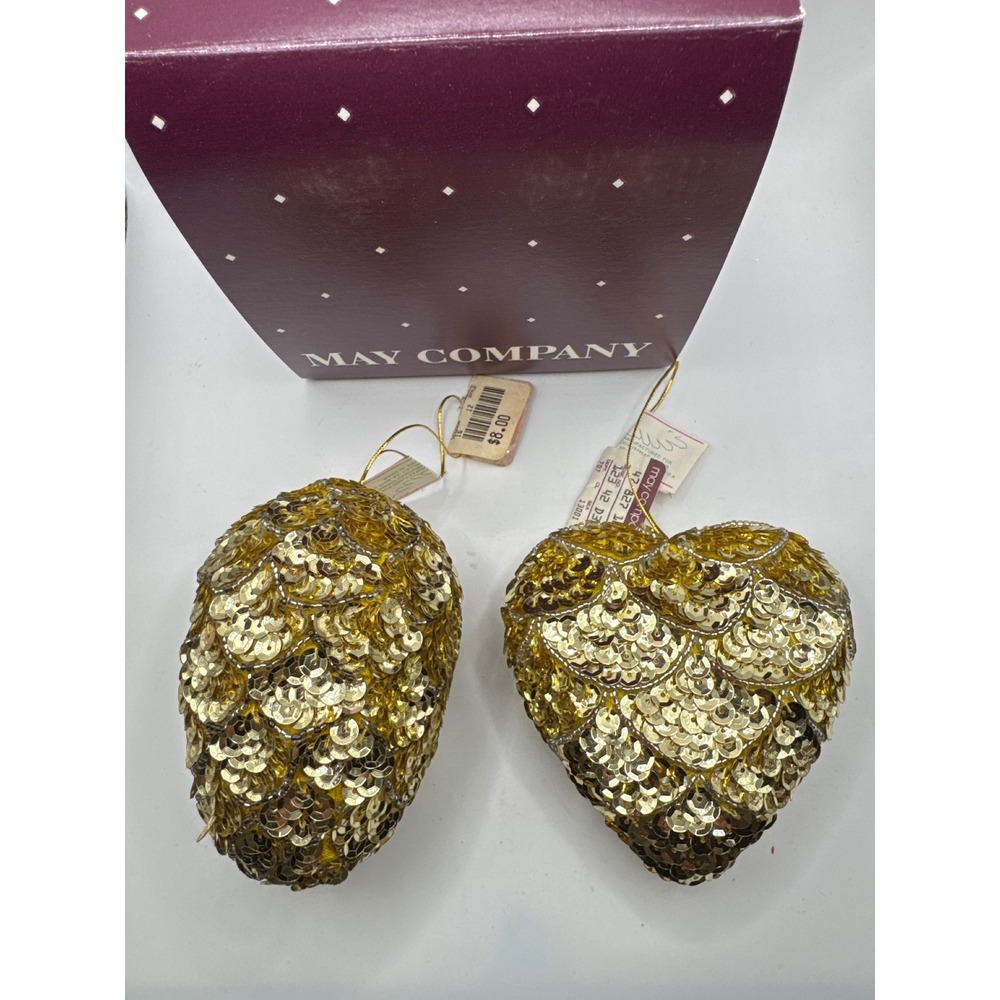 Vintage May Company Gold Sequin Beaded Christmas Ornaments Heart Egg Set of 2